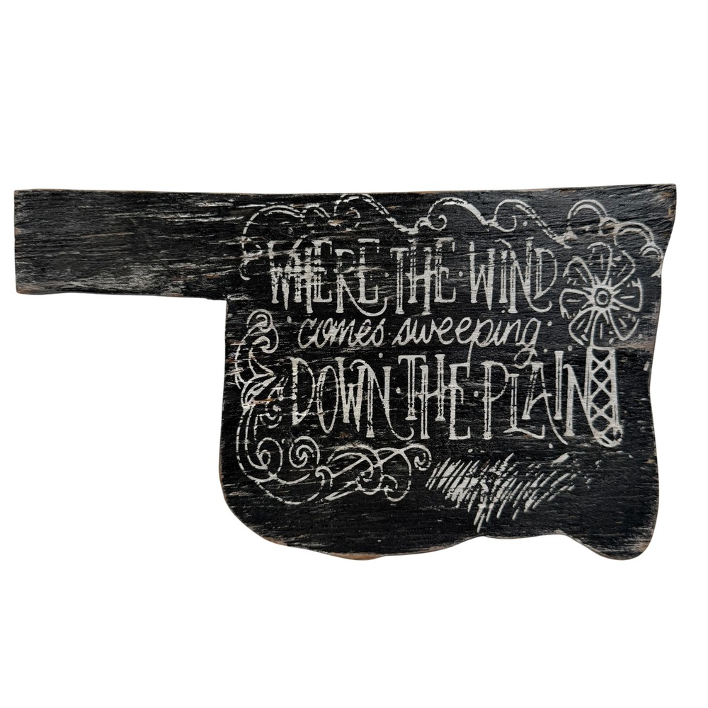Wooden Oklahoma State Sign Small Black Rustic Lyrics Decor Wind Sweeping Plains
